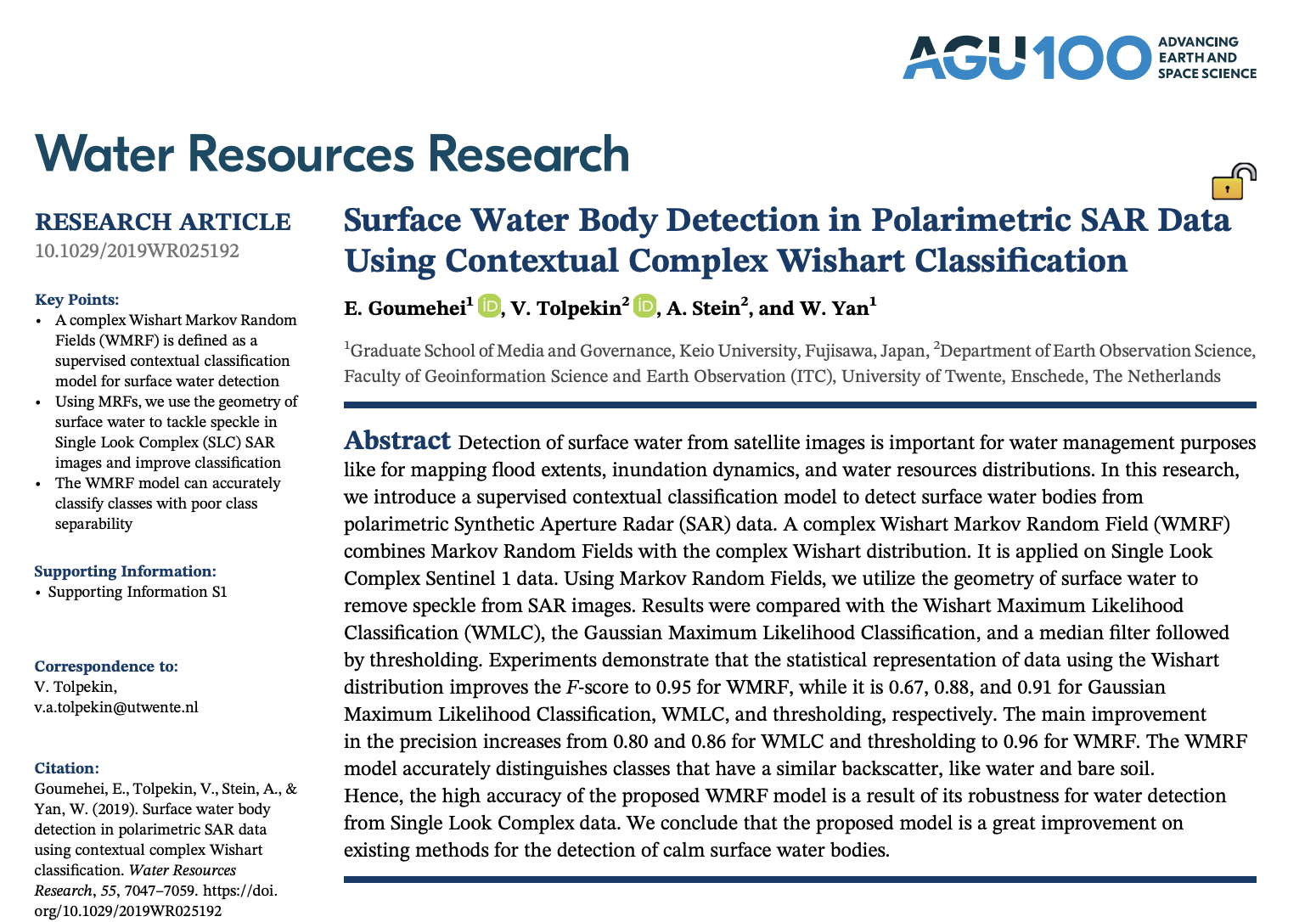 Water body detection and monitoring using optical and SAR remote sensing