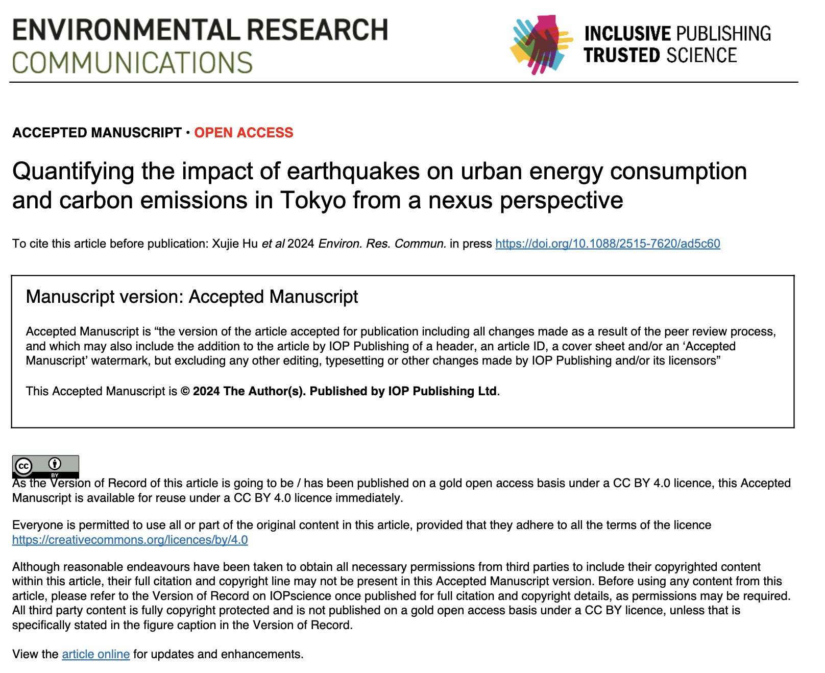 New Journal Paper in Environmental Research Communications